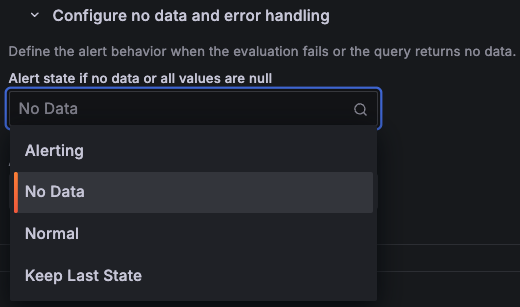 A screenshot of the `Configure no data handling` option in Grafana Alerting.