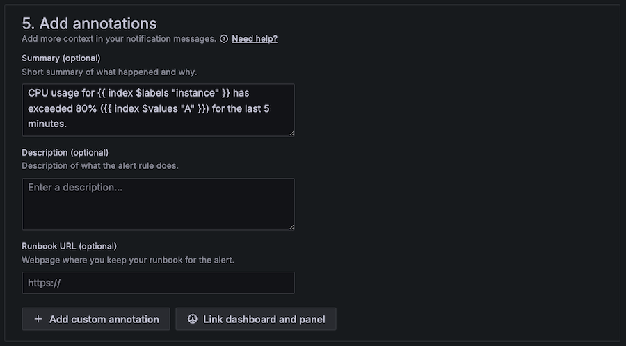 An alert rule templating the annotation summary