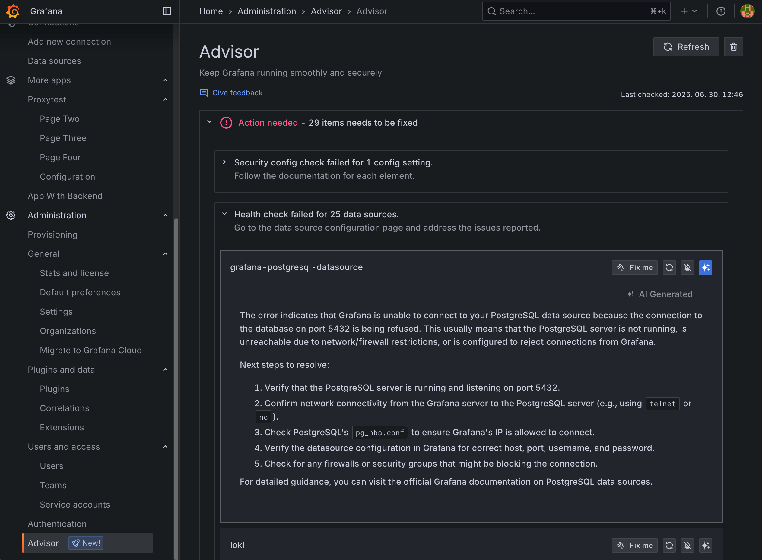 <Grafana Advisor - LLM suggestions>