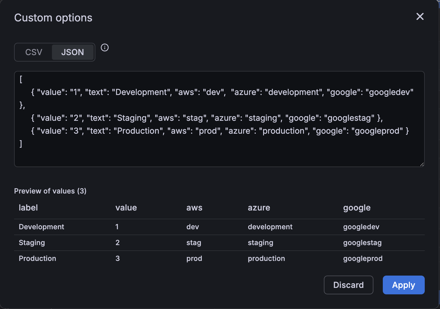 Custom variable configuration and preview of values