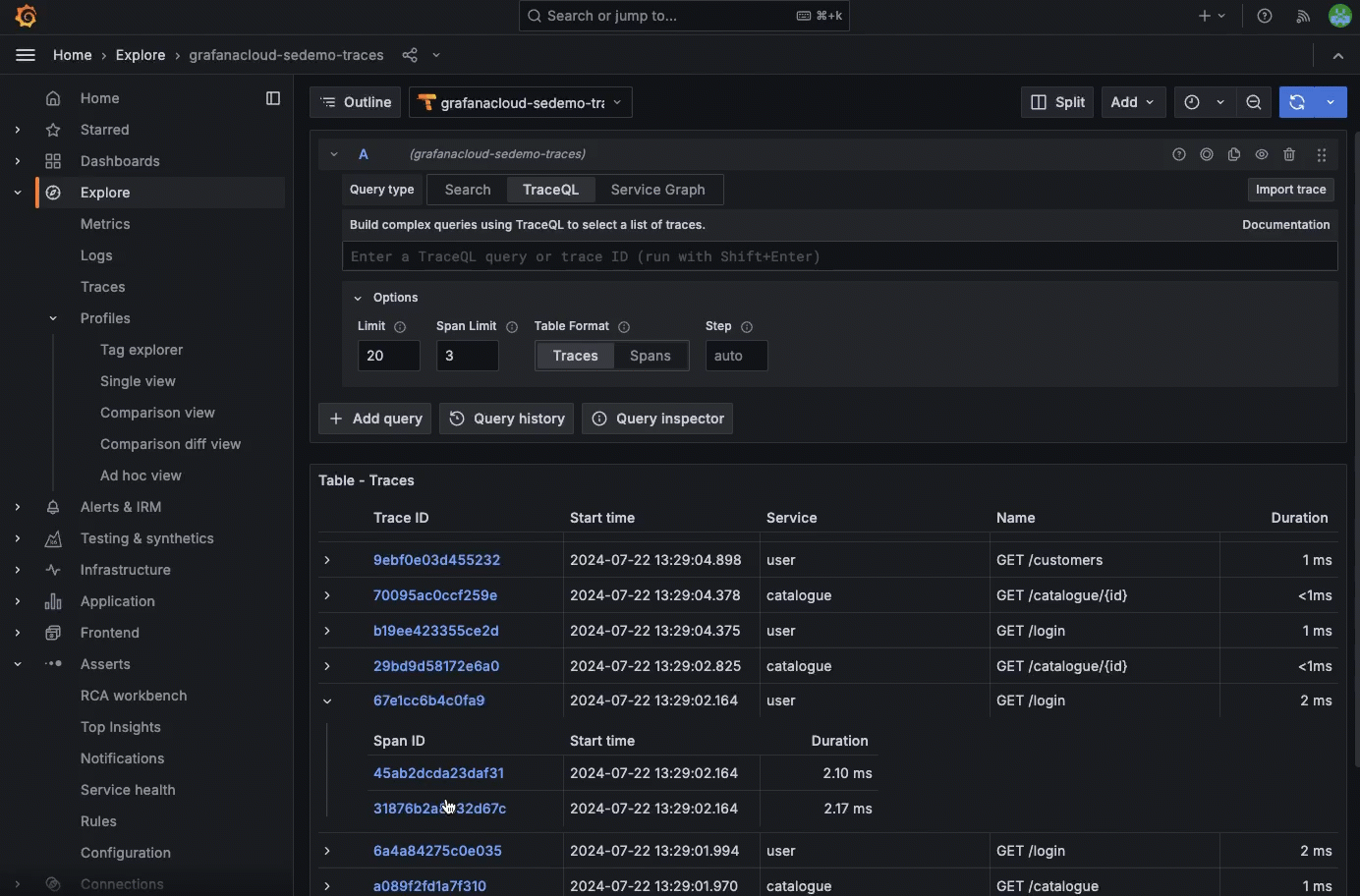 Locate span filters in trace view