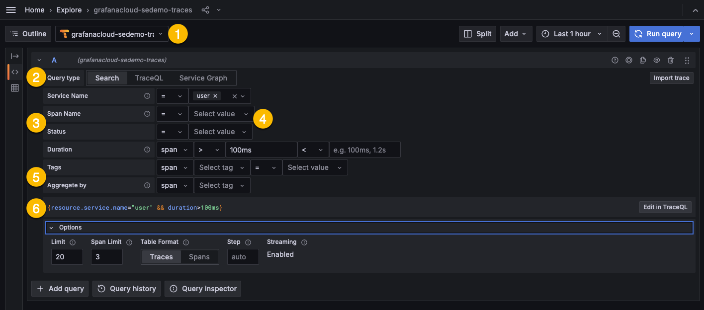 Parts of the Search query builder